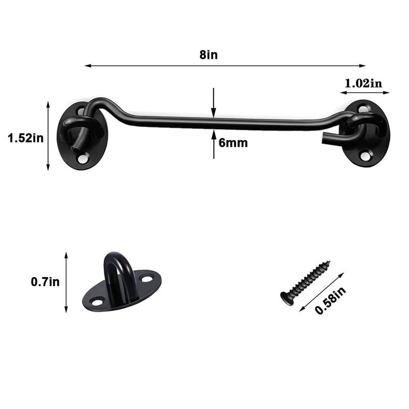 Cystarry 2 Pack 8" Stainless Steel Barn Door Hook and Eye Latch Lock for Cabin Garage Shed Gate Catch Silent Holder(8 Inch,Black) - Image 2